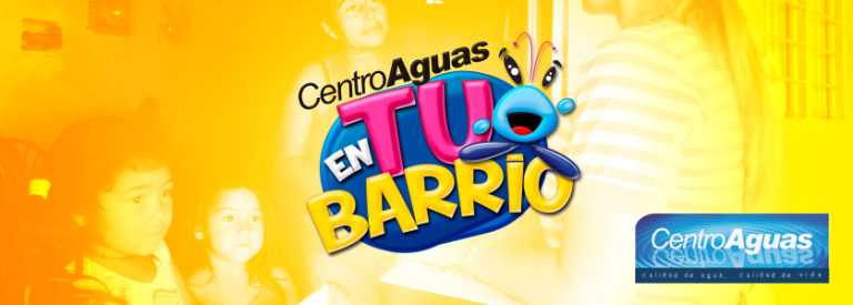 Diseño prestablecido de la campaña CENTROAGUAS en tu Barrio, aparece Yosi quien es nuestra mascota con un texto que dice CENTROAGUAS en tu Barrio