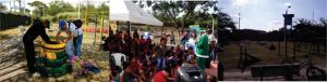 Diseño con tres fotografías de personal de la empresa en la jornada de CENTROAGUAS en tu Barrio en la vereda Cienegueta