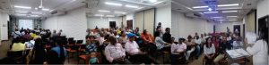 Diseño con tres fotografías de la reunión en el auditorio de la Cámara de Comercio de Tuluá con los Líderes de Juntas de Acción comunal