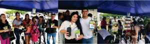 Diseño de tres fotografías donde se muestra la entrega de plantas a los usuarios que visitaban la oficina de Atención al Usuario