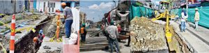 Diseños de tres fotografías del personal de obras realizando actividades de excavación