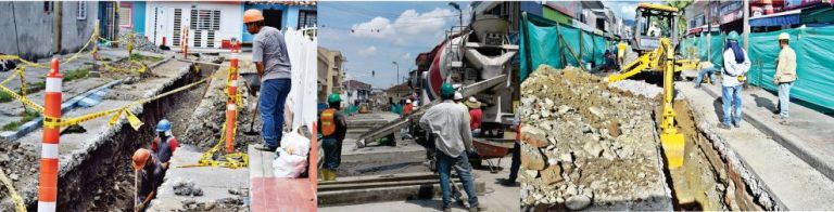 Diseños de tres fotografías del personal de obras realizando actividades de excavación