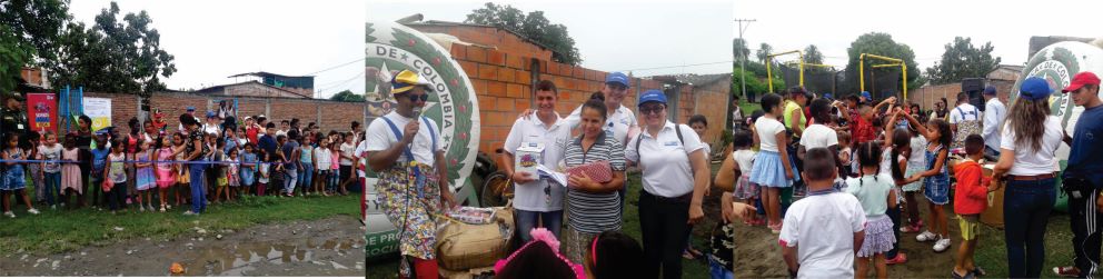 entrega de parque en el barrio San Francisco, la imagen muestra a los niños jugando en el parque, funcionarios de la empresa entregando obsequios Diseño de tres fotografías de la actividad de entrega de parque en el barrio San Francisco, la imagen muestra a los niños jugando en el parque