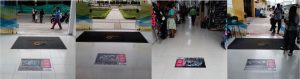 Diseño de cuatro fotografías que muestran los adhesivos de lossumideros colapsados que fueron instalados en diferentes pasillos del centro comercial Bicentenario Plaza