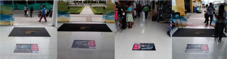 Diseño de cuatro fotografías que muestran los adhesivos de lossumideros colapsados que fueron instalados en diferentes pasillos del centro comercial Bicentenario Plaza