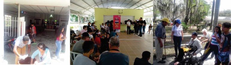 Tres fotografías donde aparecen los abuelos recibiendo cuidados y atención por parte de funcionarios de la empresa