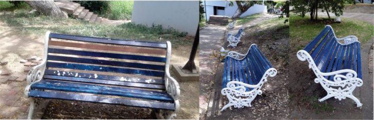 Tres fotografías que muestran las sillas del Lago Chilicote restauradas