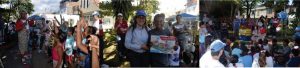 tres fotografías donde se ven a los niños y adultos compartiendo de actividades durante la entrega del parque