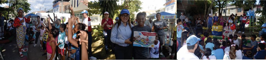 tres fotografías donde se ven a los niños y adultos compartiendo de actividades durante la entrega del parque