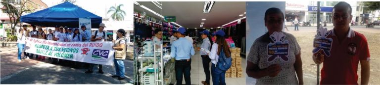 Tres fotografías dela actividad en el que se muestra el stand en el parque, la visita a los locales y usuarios con mensajes alusivos a la contaminación del ruido