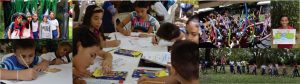 Collage de fotos de los niños realizando su dibujo, otros pintándolo, se ve la entrega de los premios a los ganadores