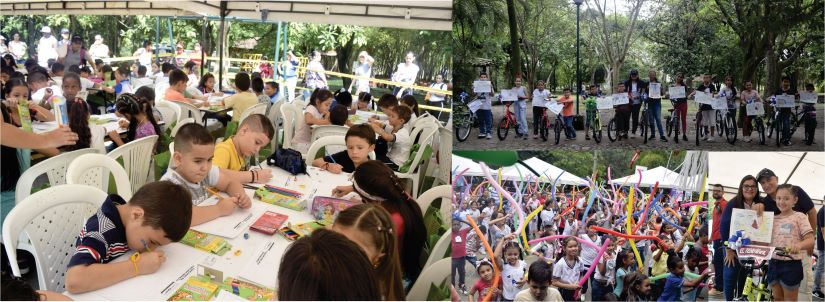 niños pintando, haciendo recreación y en la entrega de premios del concurso de pintura infantil XIX Collage de fotos de los niños pintando, haciendo recreación y en la entrega de premios