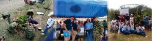 Tres fotografías donde se ve a personal de la empresa realizando la siembra de plantulas, entregando premios a usuarios y compartiendo con la comunidad