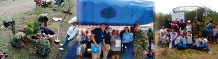 Tres fotografías donde se ve a personal de la empresa realizando la siembra de plantulas, entregando premios a usuarios y compartiendo con la comunidad