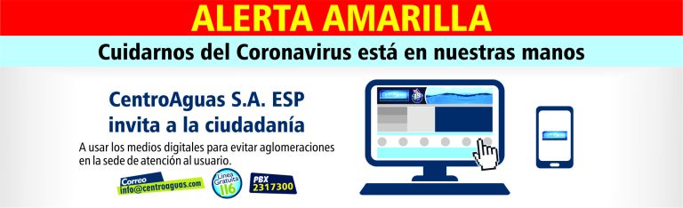 Imagen representativa invitando a los usuarios a usar los canales virtuales de Centroaguas, para el cuidado del Coronavirus