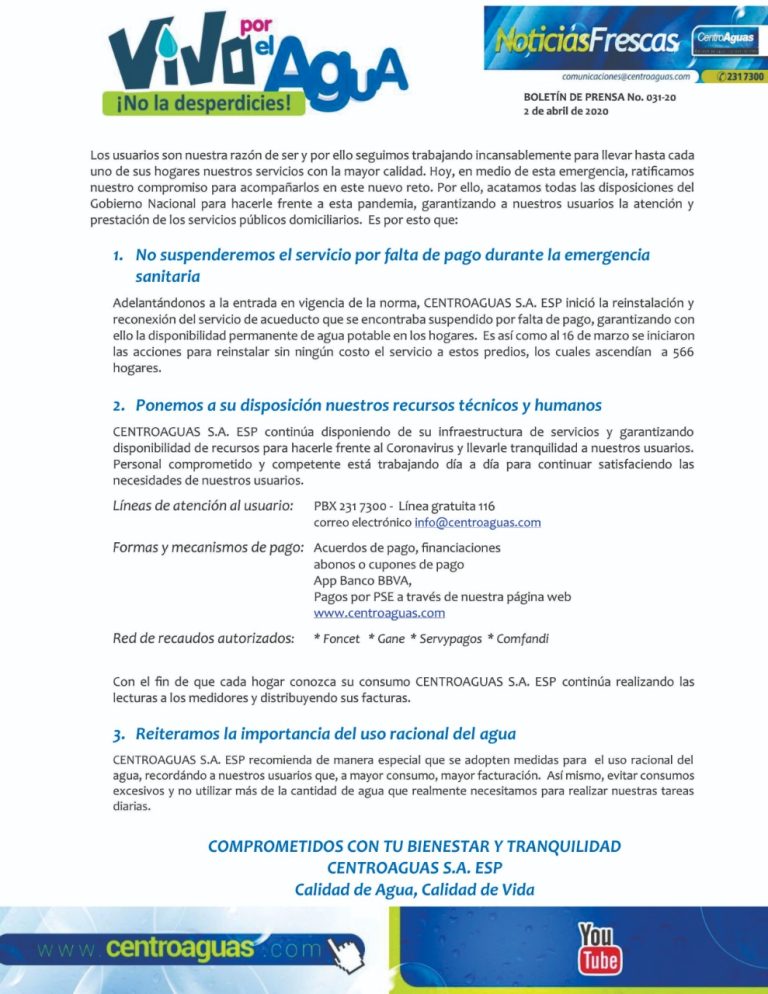 Imagen representativa informando a los usuarios que no se suspenderá el servicio de agua por falta de pago durante la emergencia sanitaria