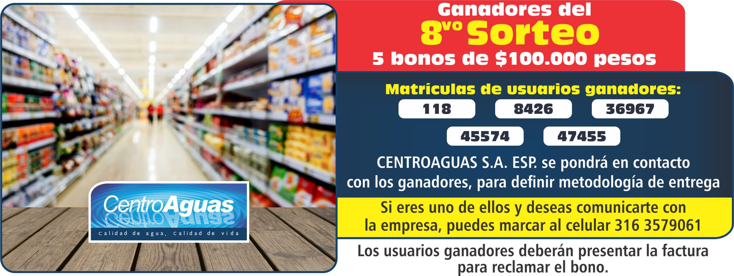 Imagen representativa informando el número de las matrículas que ganaron bonos de $100.000 del octavo sorteo