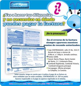Imagen representativa de al reverso de la factura siempre encontrará los puntos de recaudo autorizados