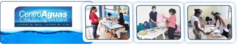 El diseño de esta imagen contempla tres fotografìas, en cada una de ellas están los funcionarios de CENTROAGUAS entregando guías del concurso de pintura