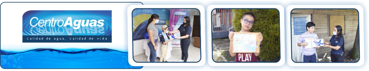 funcionarios haciendo entrega de premios a los niños ganadores del tradicional concurso de pintura infantil de CENTROAGUAS S.A. ESP, en su versión numero 21 Diseño con tres fotografías de funcionarios haciendo entrega de premios a los niños ganadores