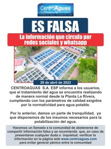 información que circula por redes sociales y whatsapp, centroaguas informa que el tratamiento del agua se encuentra realizando de manera normal.