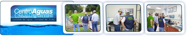 Diseño con tres fotografías de los operarios en la planta recibiendo visita