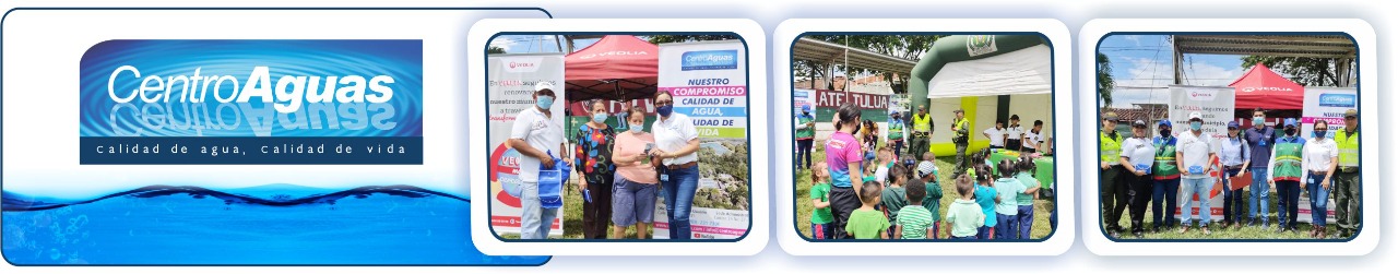 personal de centroaguas y comunidad barrio la graciela y el jardin en jornada social Diseño con tre fotografías de los organizadores en el evento
