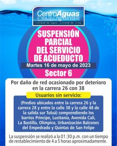 Suspensión parcial del servicio de acueducto en el sector 6