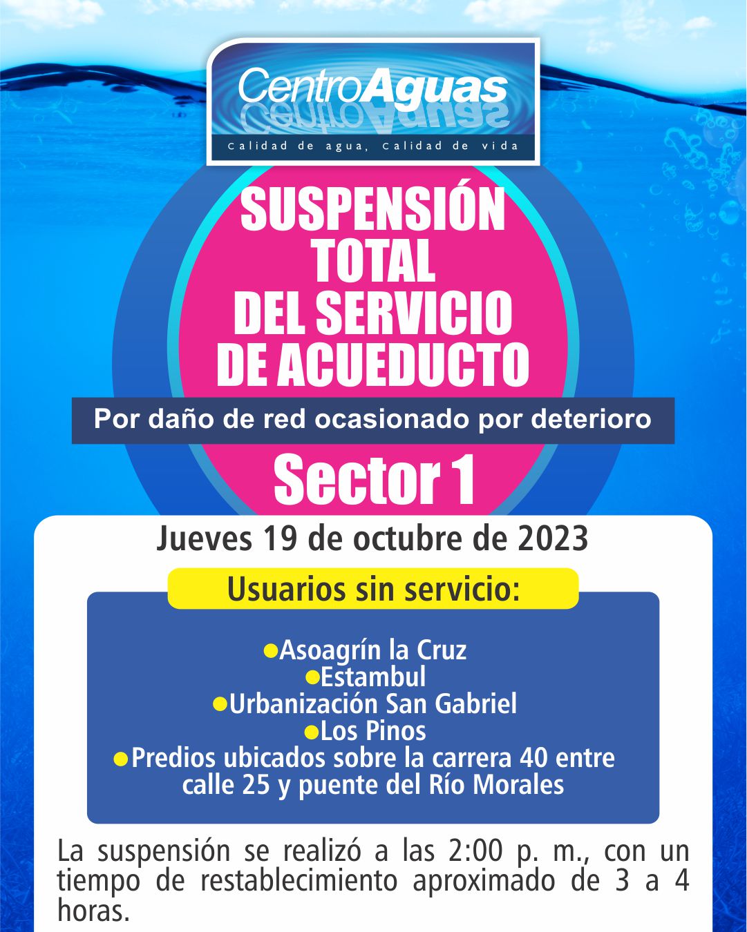 Suspensión total del servicio de acueducto del sector 1 / Octubre 19