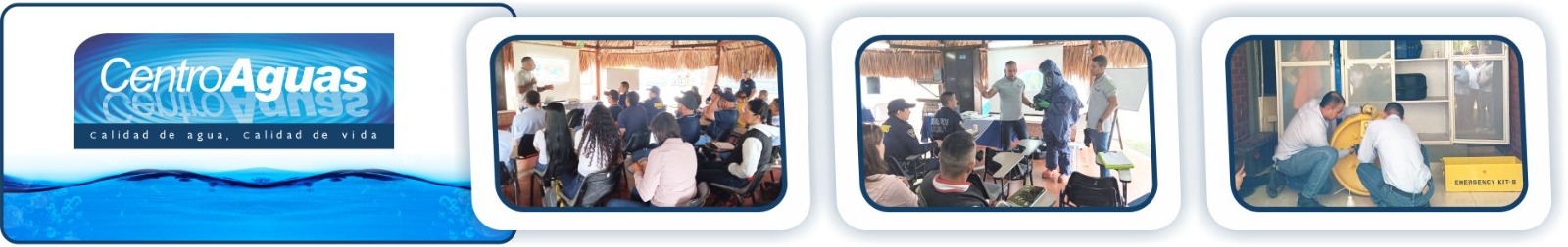 Diseño con tres imágenes de personal de la empresa recibiendo capacitación en manejo seguro de cloro