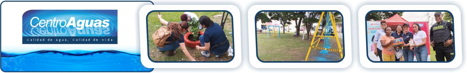 Diseño con tres imágenes de la adecuación del parque, se ve personal de la empresa sembrando plantas