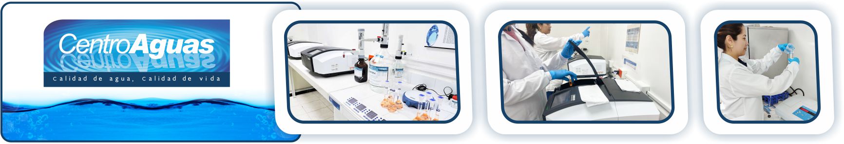 Laboratorio de Control de Calidad de CENTROAGUAS destacado en el Valle Del Cauca Diseño con tres imágenes del laboratorio y operarios realizando labores