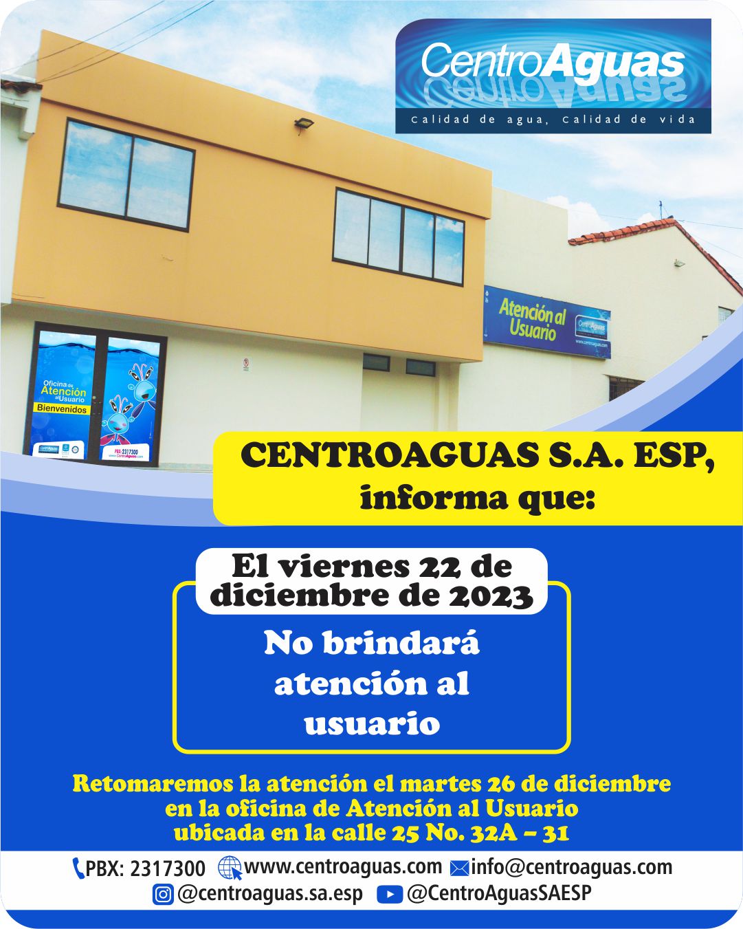 Centroaguas No brindará atención al usuario el viernes 22 de diciembre de 2023