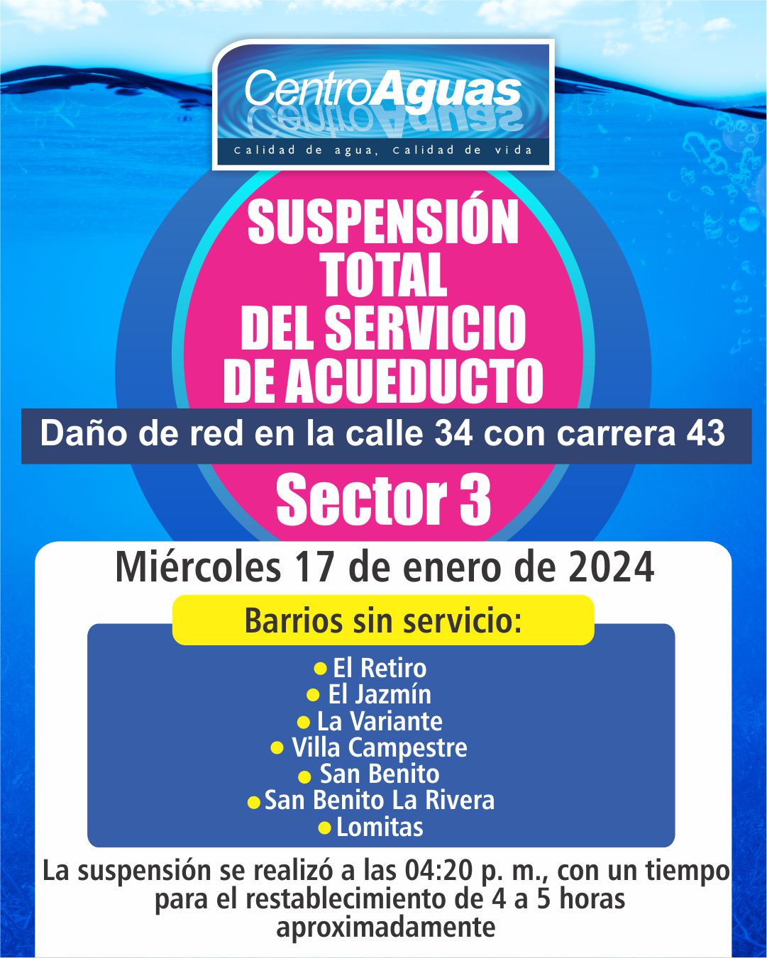 Suspensión por daño de red sector 3