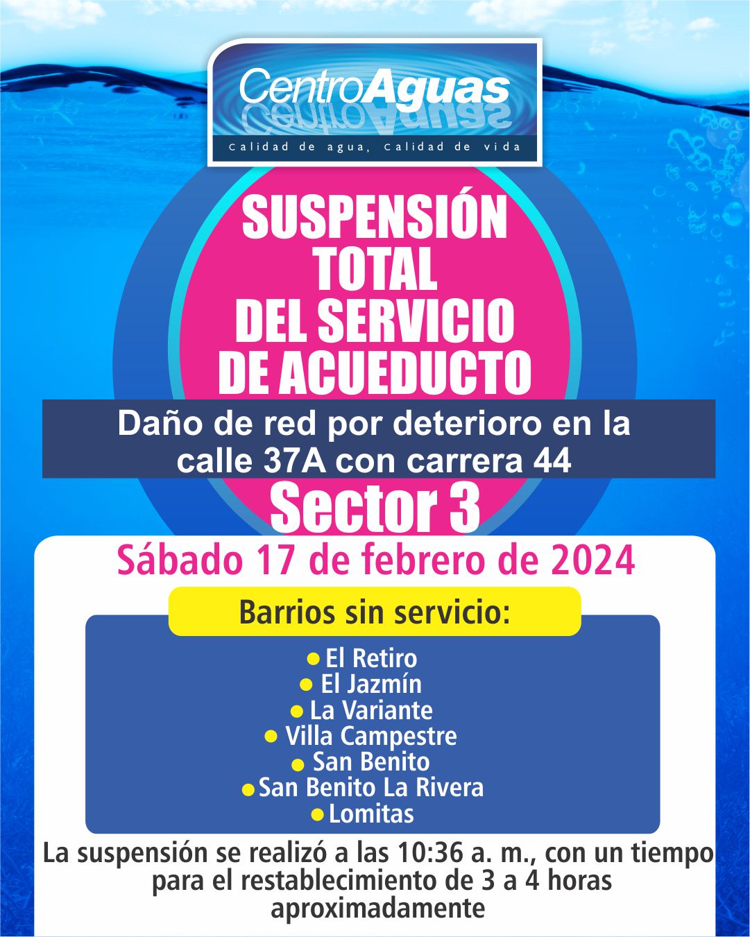 Suspensión del servicio de acueducto en el sector 3 por daño de red