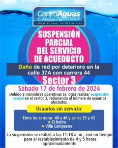 Suspensión parcial del servicio de acueducto en el sector 3