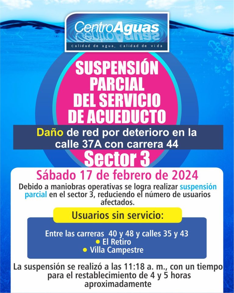 Suspensión parcial del servicio de acueducto en el sector 3