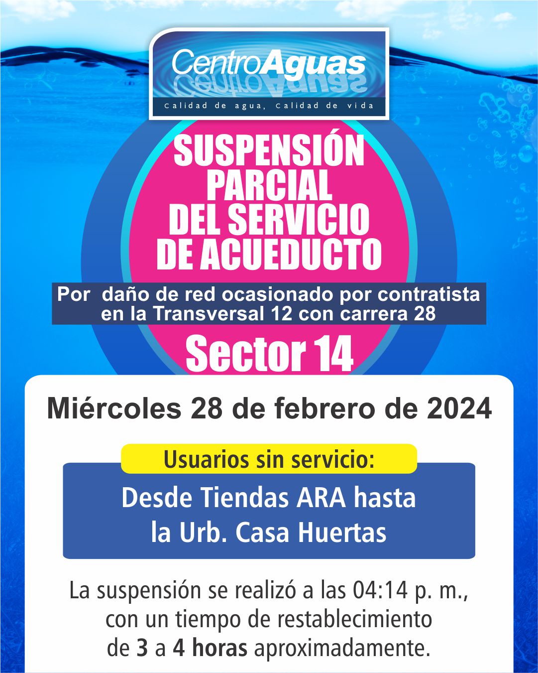 Suspensión parcial del servicio de acueducto del sector 14