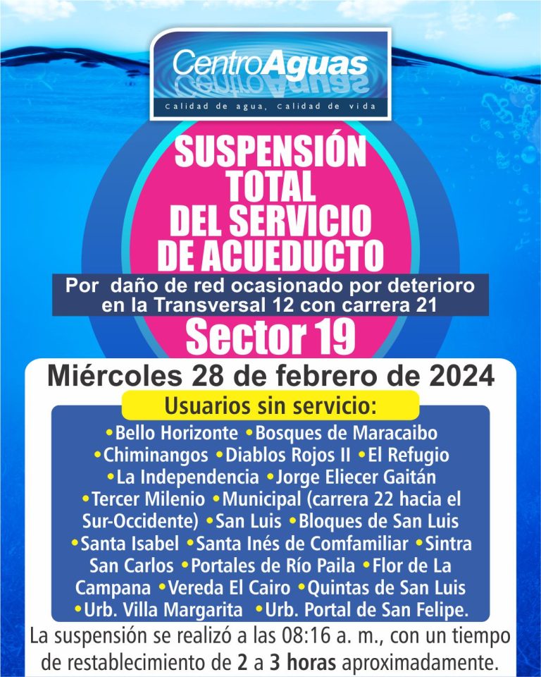 Suspensión total del servicio de acueducto del sector 19
