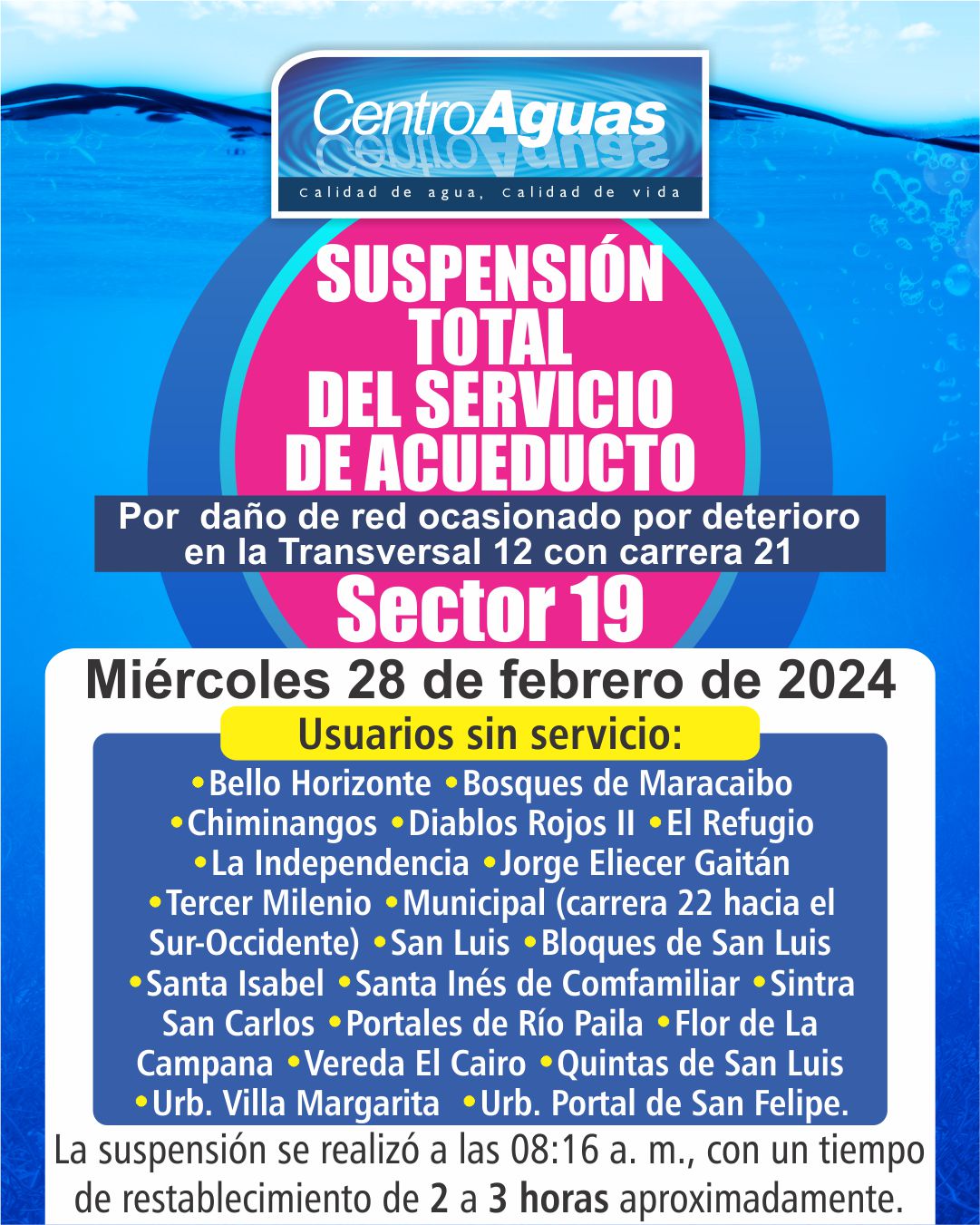 Suspensión total del servicio de acueducto del sector 19