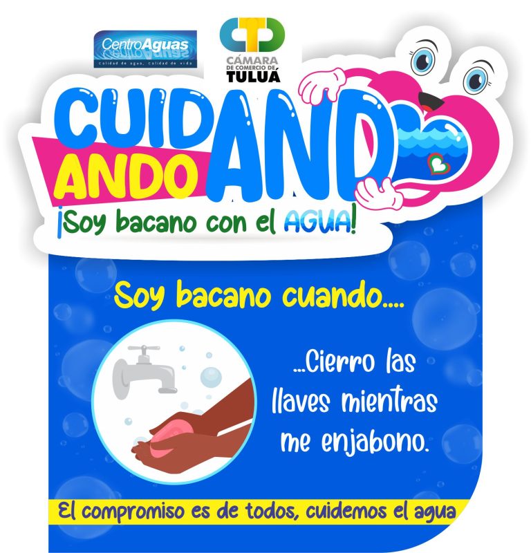 Mensaje invitando a cuidar el agua, cerrando las llaves mientras se enjabona