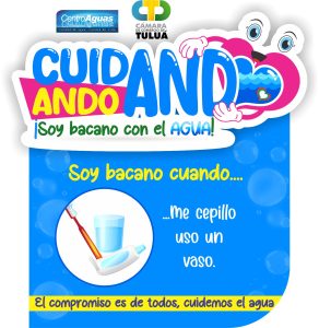 Mensaje invitando a cuidar el agua, usando vaso al cepillarse
