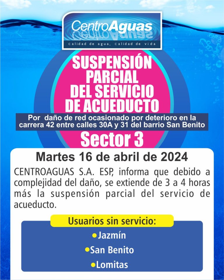 Se extiende suspensión parcial del servicio de acueducto en el sector 10