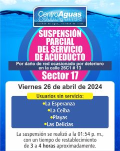 Imagen representa información sobre Suspensión parcial del servicio de acueducto del sector 17