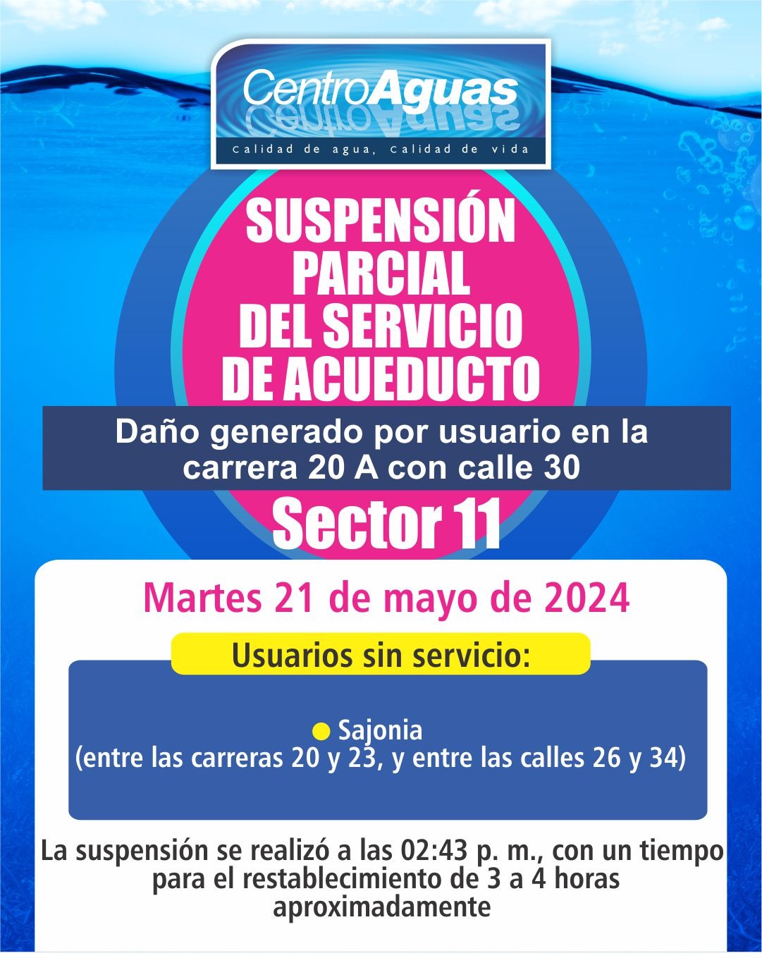 Suspensión parcial del servicio de acueducto del sector 11