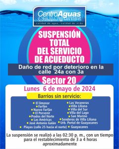Suspensión total del servicio de acueducto del sector 20