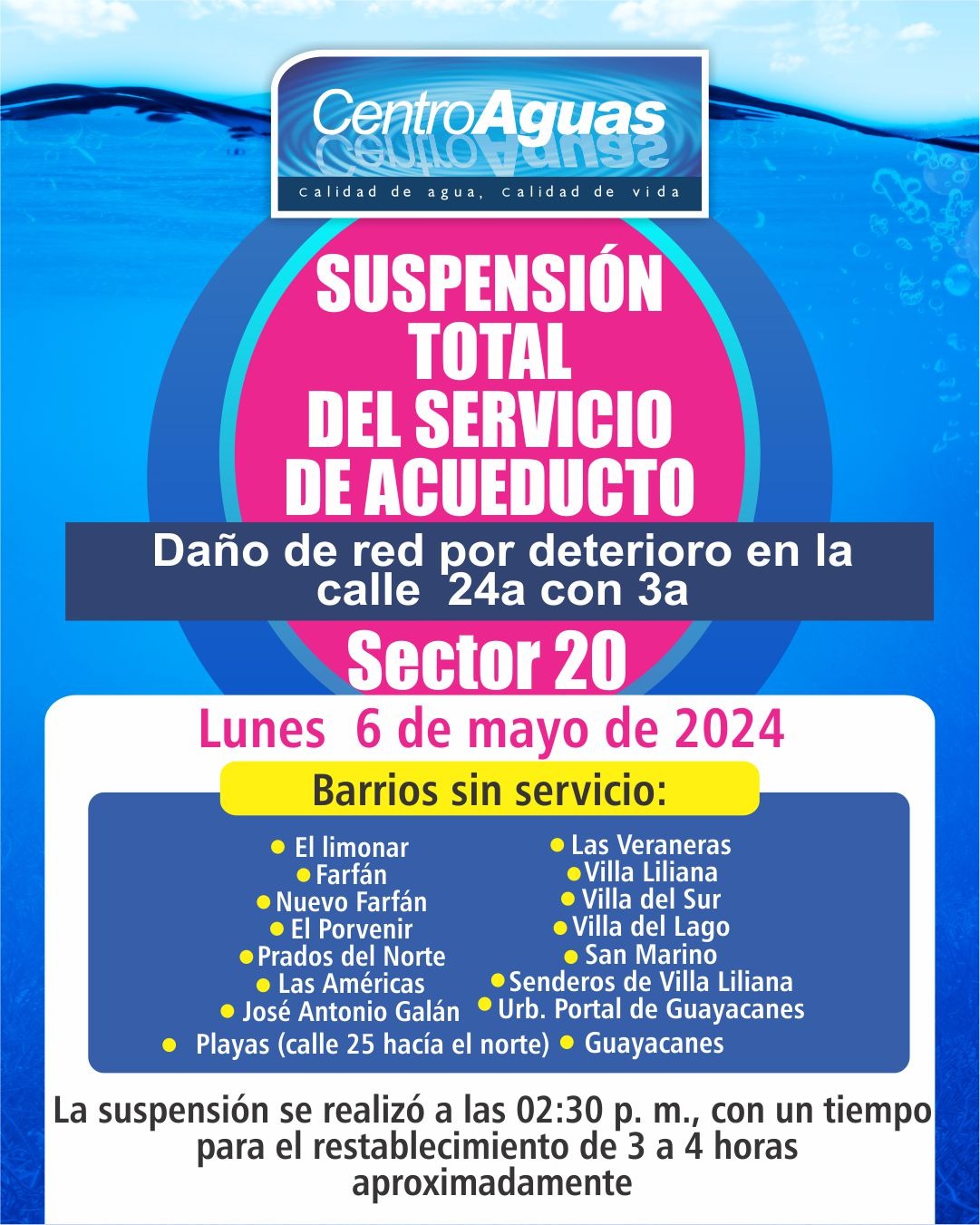 Suspensión total del servicio de acueducto del sector 20