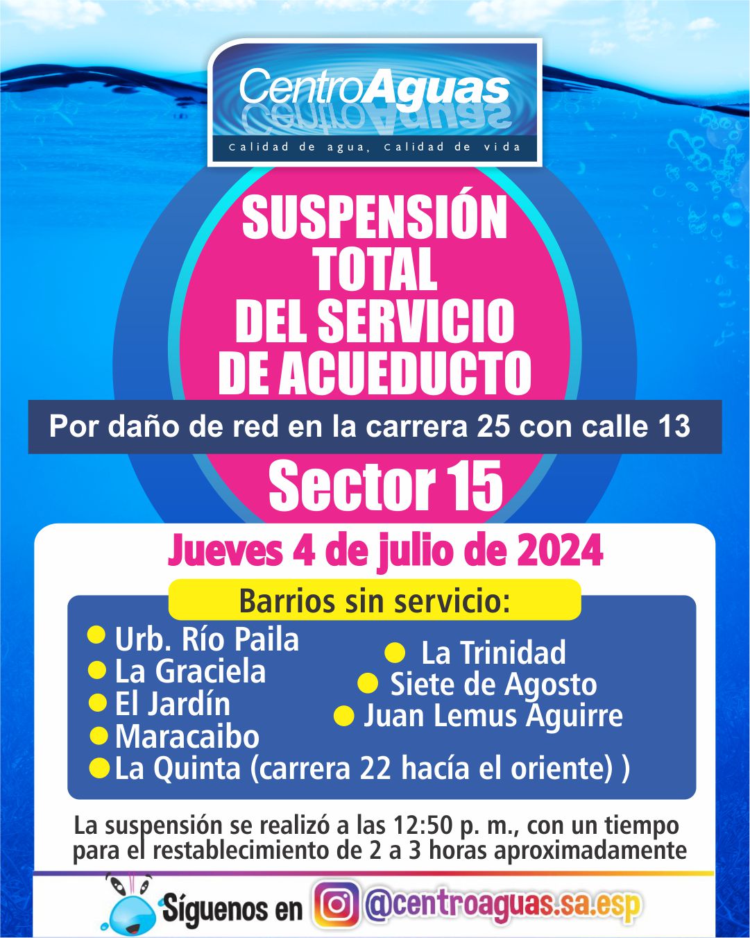 Suspensión del servicio de acueducto en el sector 15
