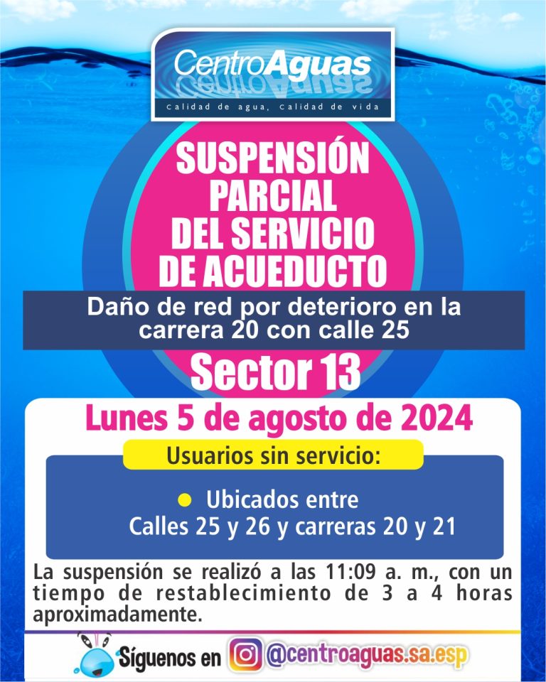Suspensión del servicio en el sector 13 por daño