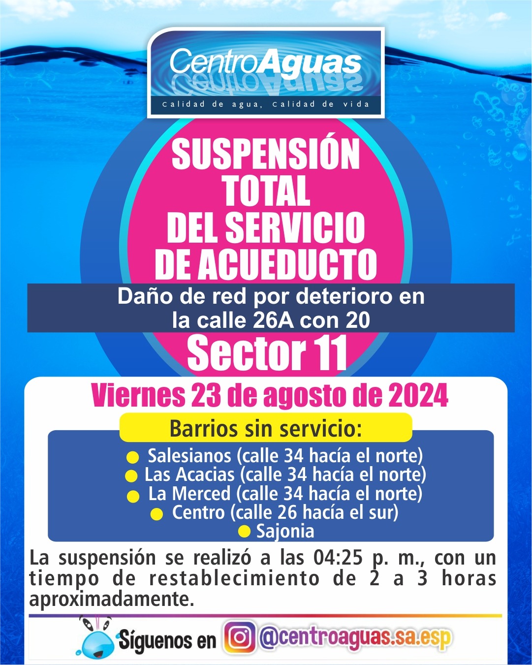 Suspensión del servicio de acueducto en el sector 11